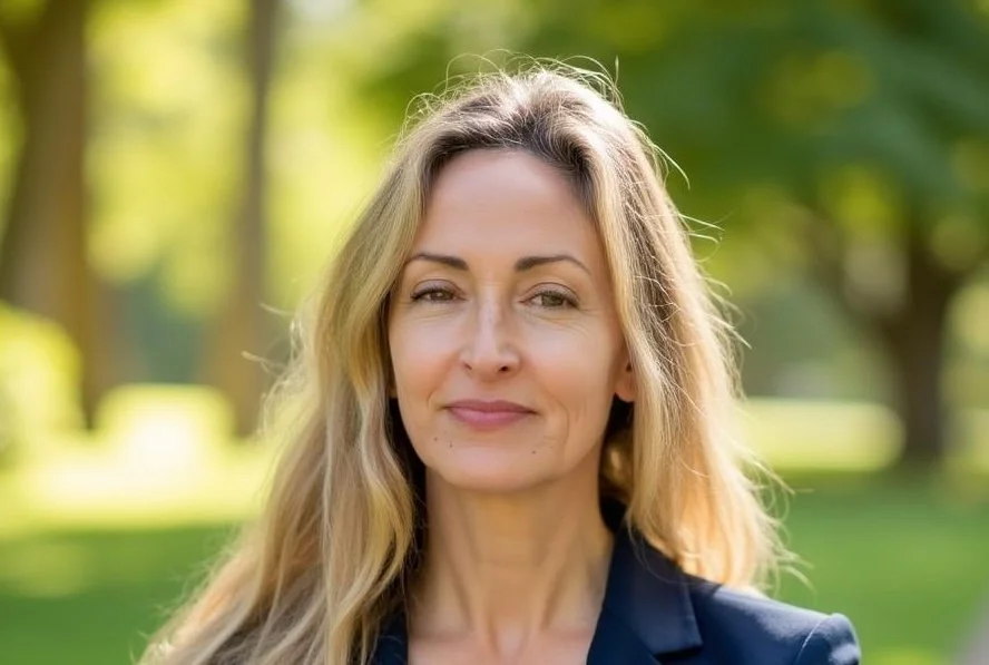 Therapist Suzanne Ceresko with a warm welcoming smile outdoors with green trees in the background