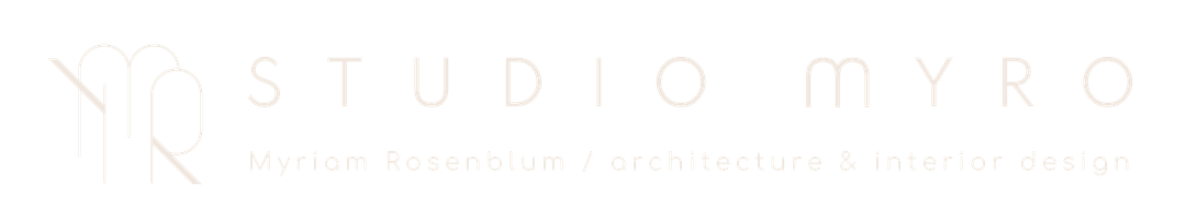 Logo for Studio Myro featuring stylized initials and text for architecture and interior design by Myriam Rosenblum.