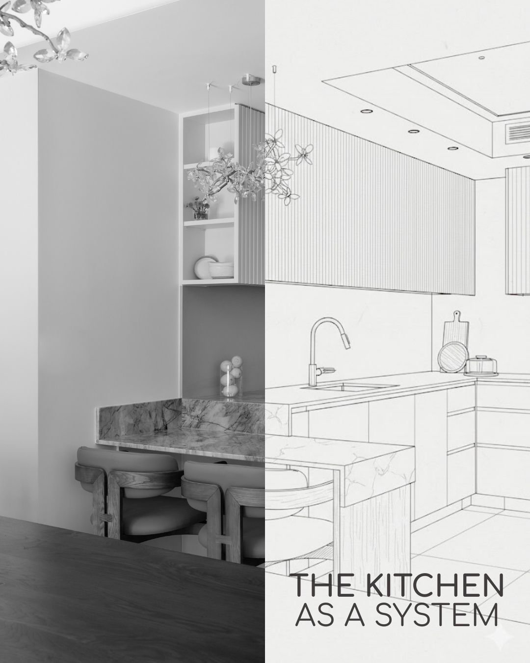 The image shows a room divided into two halves, with the left side featuring a realistic photo of a modern kitchen with a marble countertop, bar stools, and a chandelier, while the right side contains a line drawing of the same kitchen with the text "The Kitchen as a System."