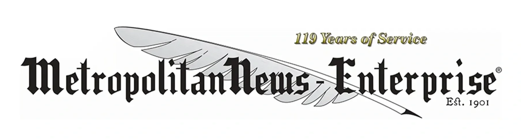 Logo of Metropolitan News Enterprise with a quill illustration and text indicating 119 years of service, established in 1901.