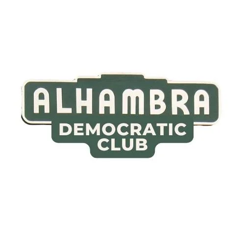Sign with the text 'Alhambra Democratic Club' on a white background.