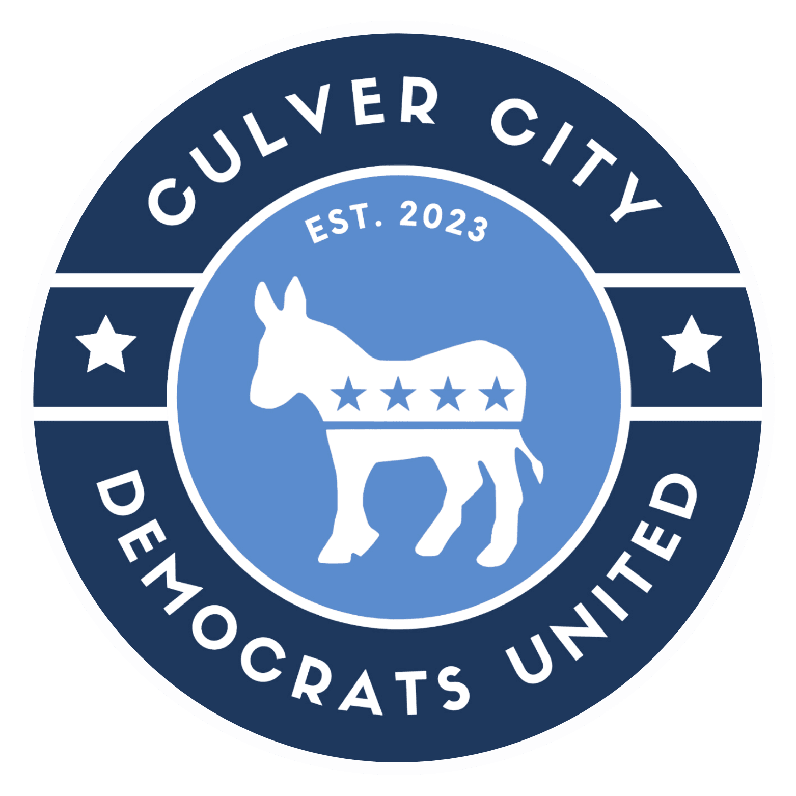 Official logo of the Culver City Democratic Club, established in 2023, featuring a donkey with stars on its body, surrounded by a blue circular border with the organization's name and founding year.
