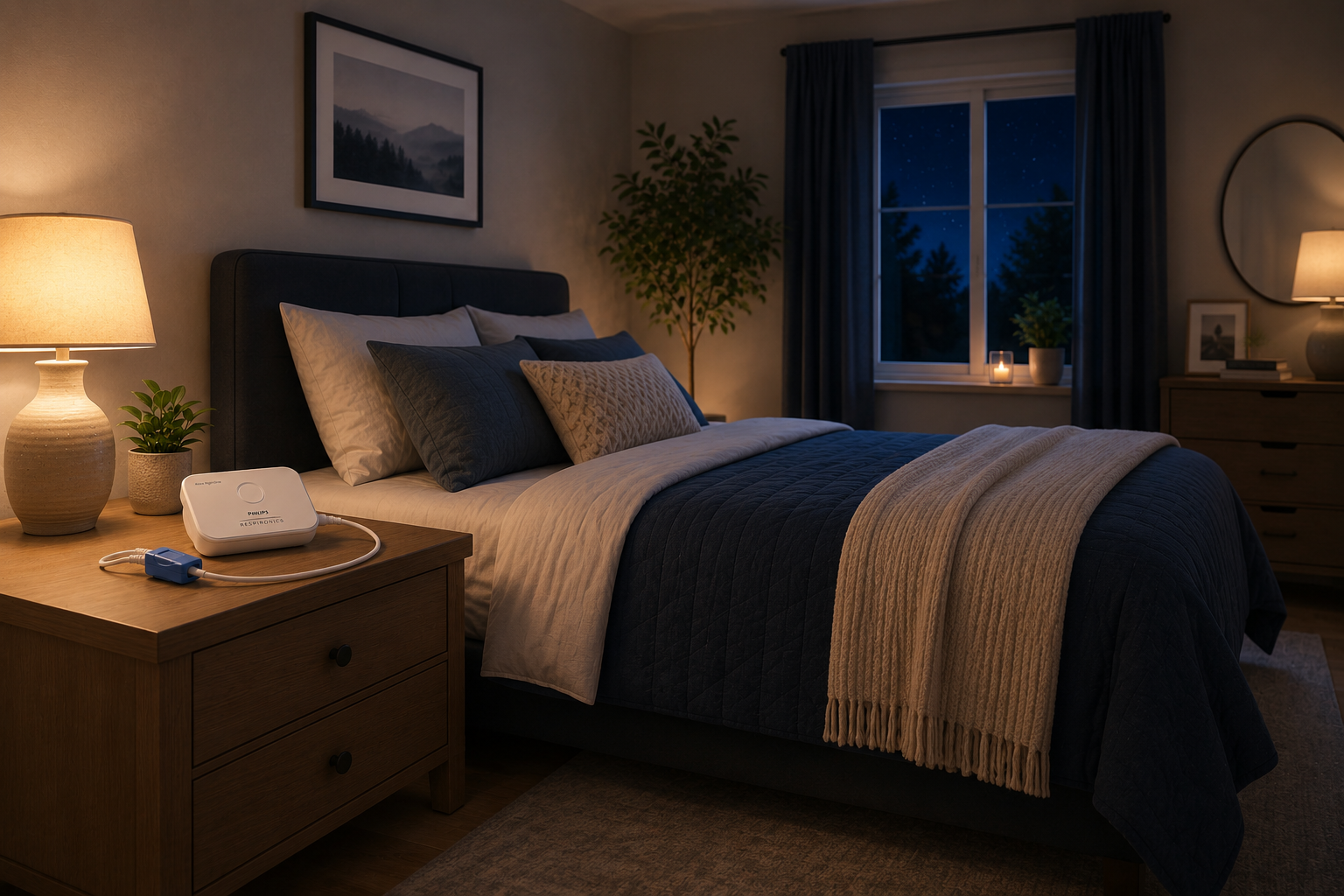 Alice NightOne device on a bedroom nightstand for a Device-Based Sleep Health Assessment performed in the comfort of home.