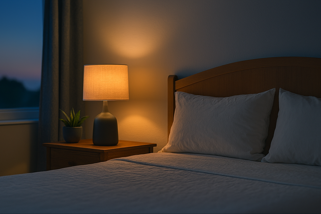 Cozy bedroom at night with a bedside lamp, representing a comfortable home environment for overnight sleep testing.