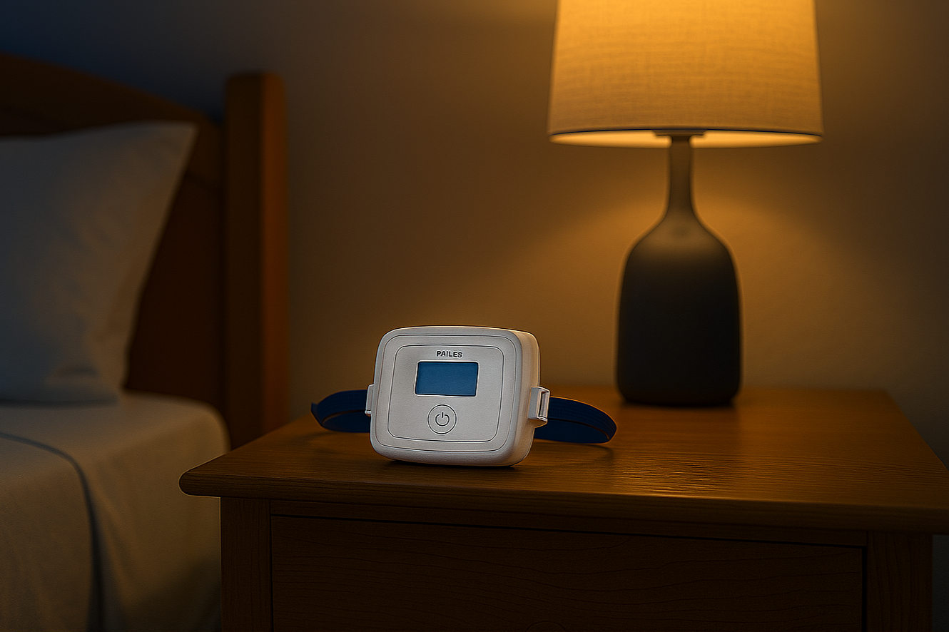 Alice NightOne home sleep testing device on a bedside table used by Strategic Solutions Plus for overnight sleep apnea evaluation.