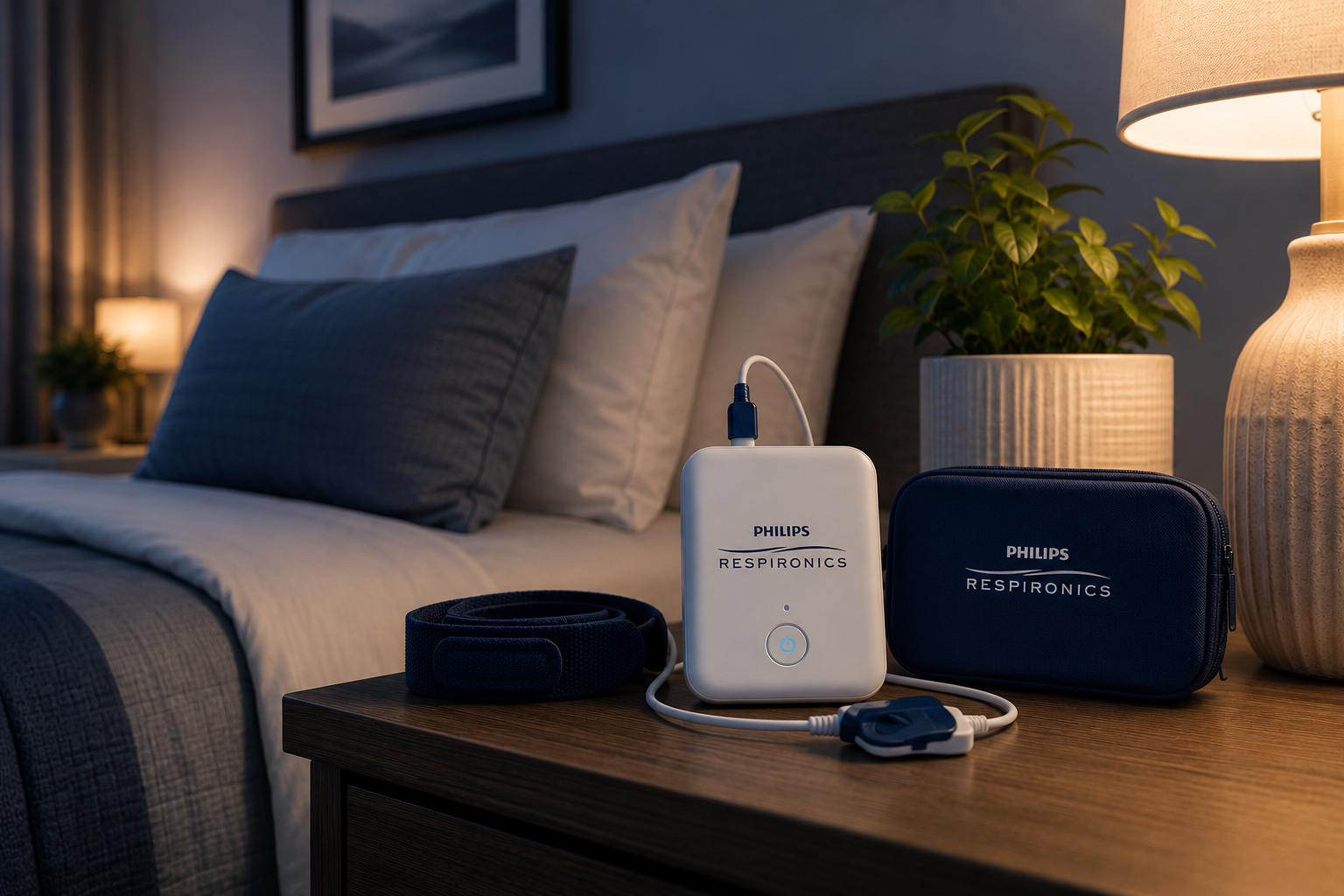 Alice NightOne device on a bedroom nightstand for a Device-Based Sleep Health Assessment performed in the comfort of home.