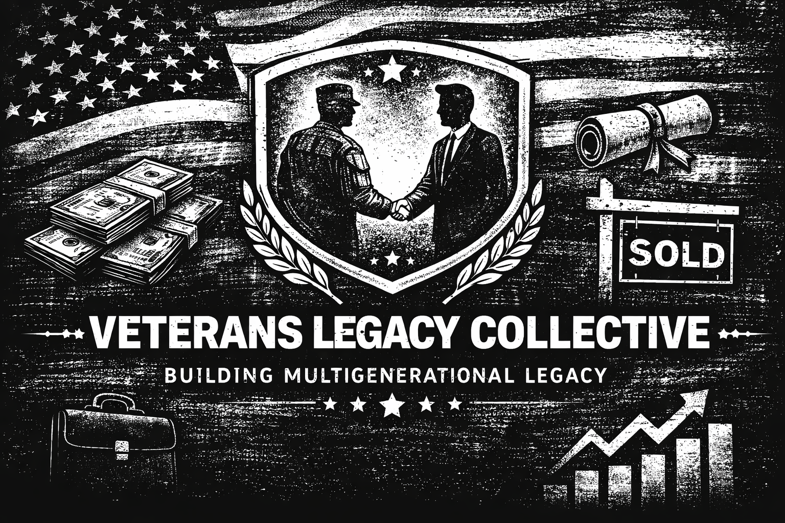 Black and white illustration of the Veterans Legacy Collective featuring two men shaking hands inside a shield, stacks of dollar bills, a rolled-up document, a sign saying 'SOLD', a briefcase, and a rising chart.