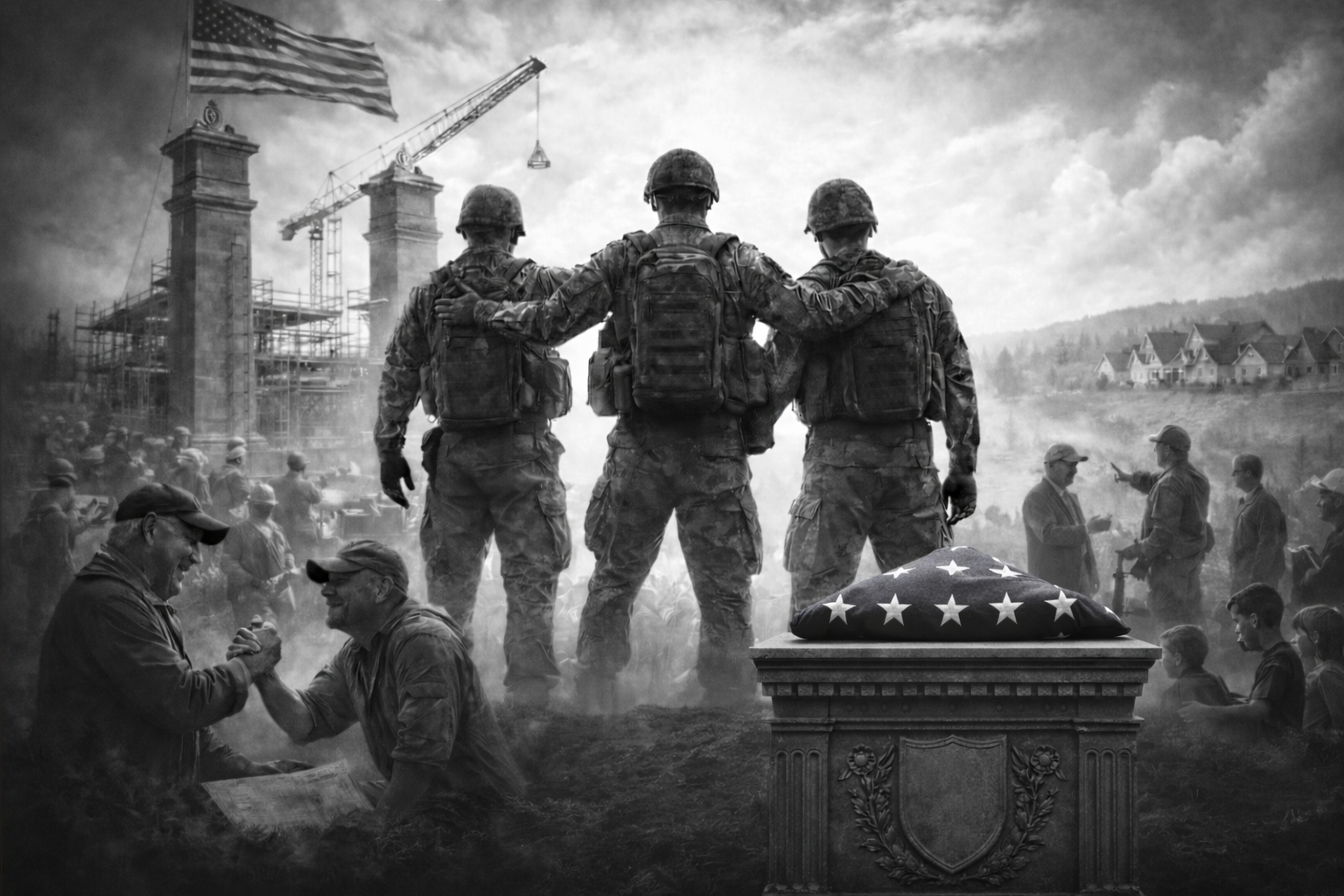 Three soldiers in uniform with backpacks standing with their arms around each other's shoulders, in a battlefield scene. In the foreground, two men are shaking hands, and a folded American flag rests on a pedestal. The background features a construction site, a crane, and people engaging in conversations and activities.