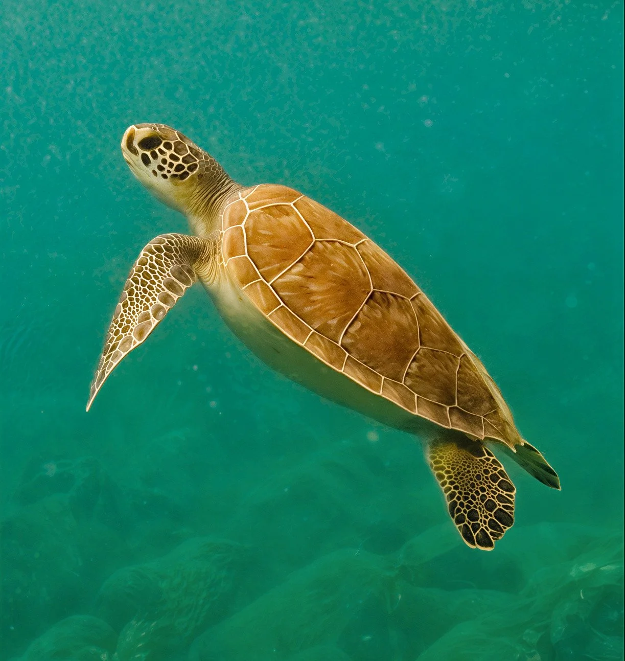 Villa les Gallières - Tortue marine nageant sous l’eau turquoise dans un fond marin légèrement flou.
