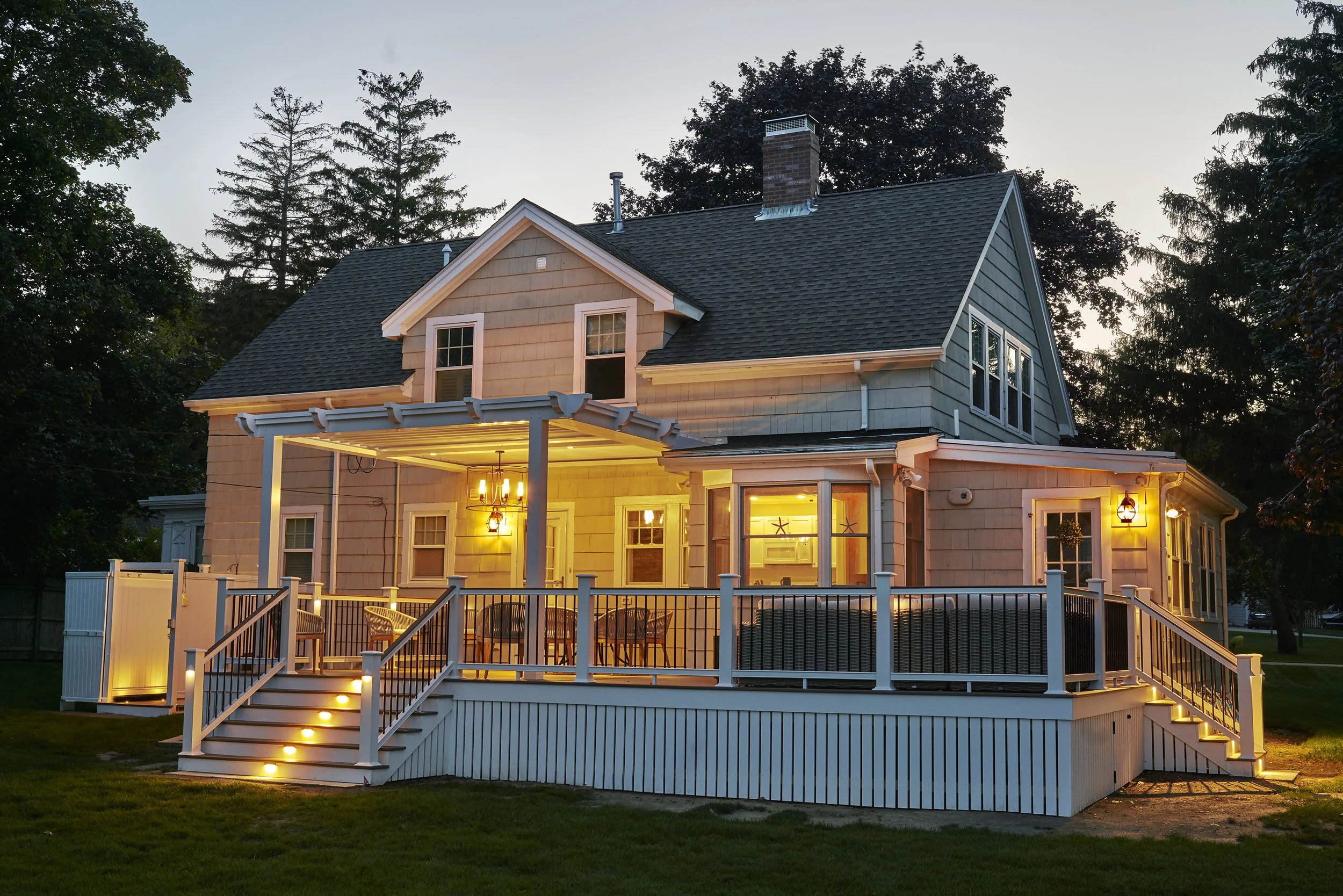 Exterior landscape lighting installation in South Shore home in Duxbury MA by licensed electrician.