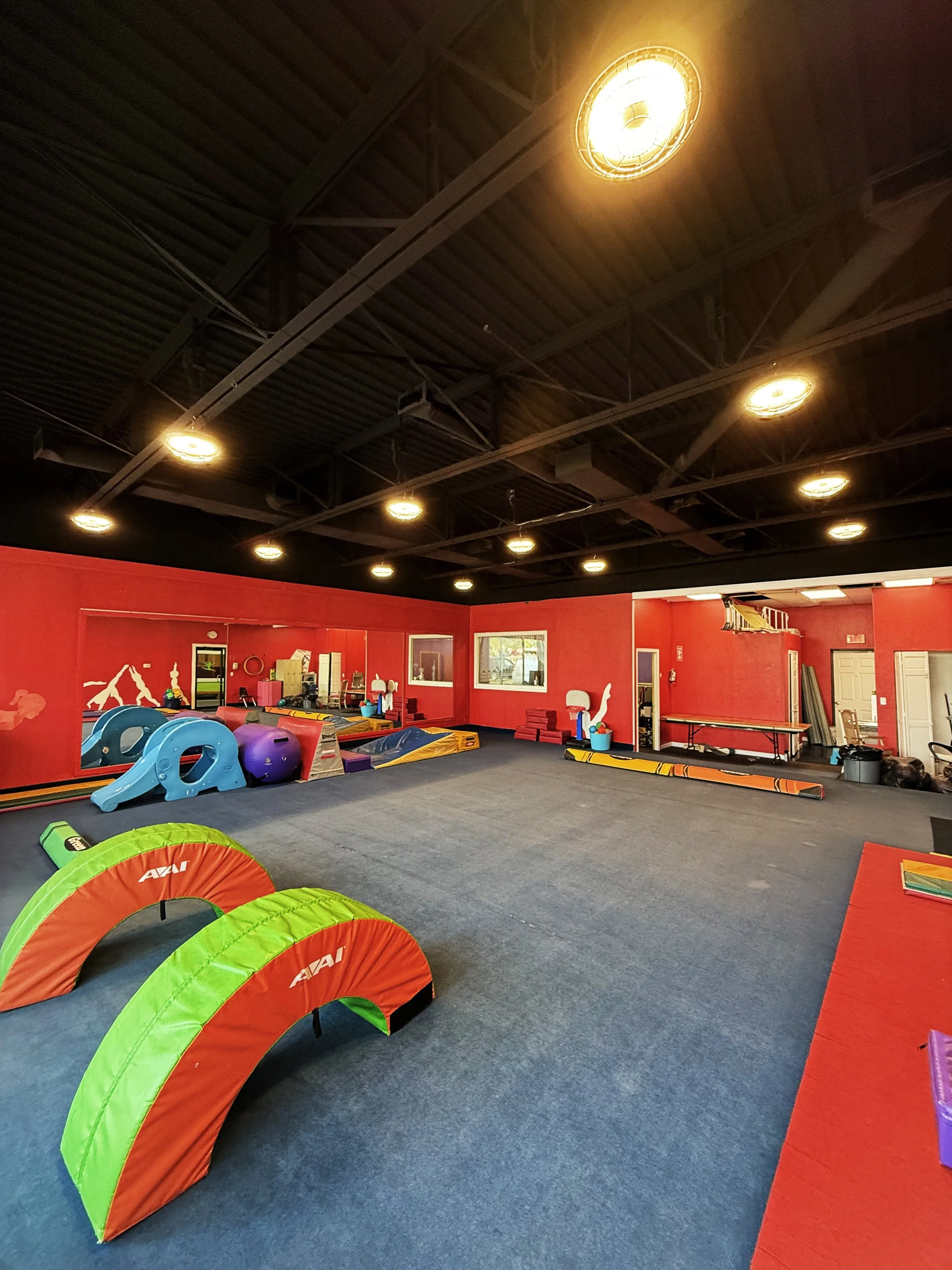 Indoor playroom with red walls, black ceiling, and blue carpet floor. Contains colorful foam obstacle course, slide, exercise equipment, and sports gear.