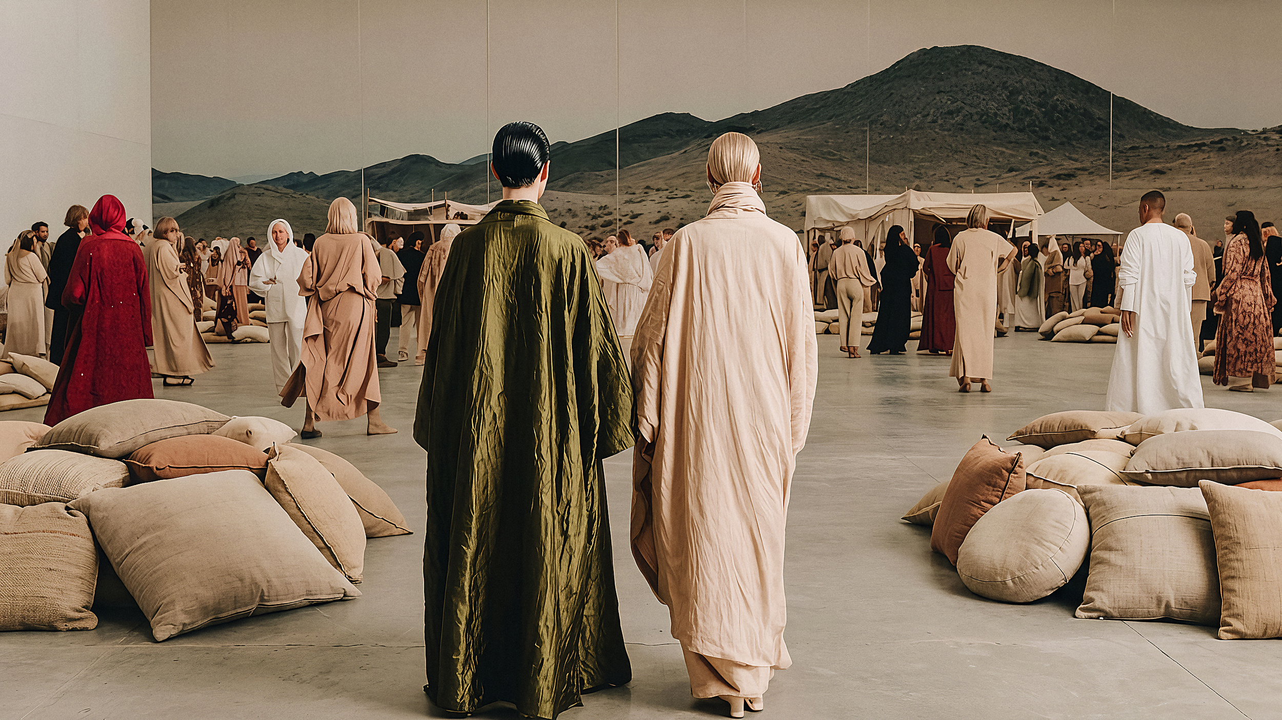 A large art installation scene with hundreds of people dressed in beige and earth-tone clothing, some in red and white, gathered in front of a mural of a mountain landscape. The scene appears to be in a spacious indoor setting, with cushions on the floor and tents, resembling a desert or pastoral scene.