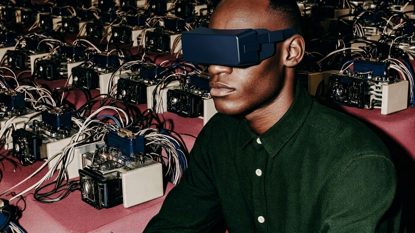 A man wearing a virtual reality headset sitting among numerous electronic devices connected with wires.