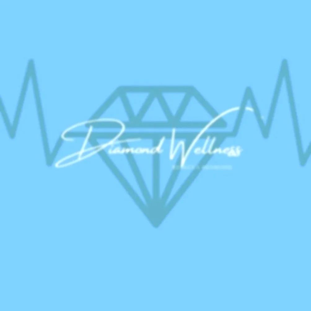 A blue background with a diamond outline, overlaid with a heartbeat line and the text "Diamond Wellness" in cursive.