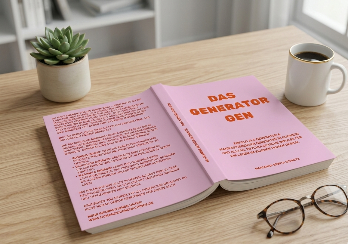Ein professionelles Buch-Mockup des Praxis-Manifests für Generatoren von Marianna Benita Schmitz. Das Design ist farblich auf die energetische Schaffenskraft von Generatoren abgestimmt. Es inszeniert das Buch als strategischen Navigator für Menschen,
