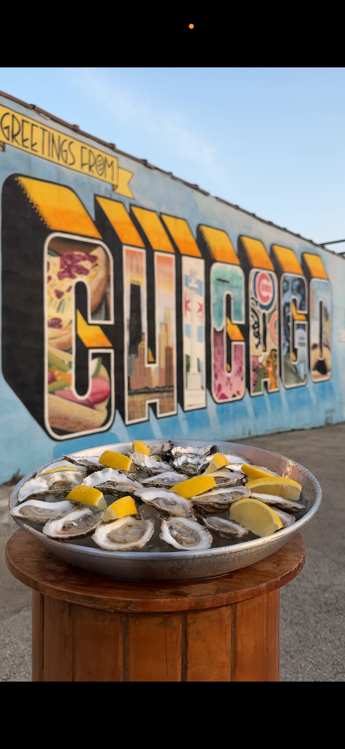 A plate of oysters with lemon wedges on a wooden stool in front of a colorful mural that spells "Greetings from Chicago".