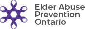 Logo of Elder Abuse Prevention Ontario featuring an abstract purple flower with text