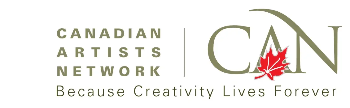 Logo for Canadian Artists Network with text and a red maple leaf.