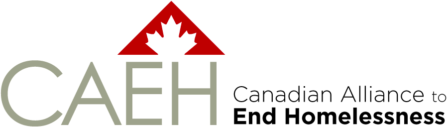Logo for Canadian Alliance to End Homelessness with a red maple leaf above the word CAEH and the text 'Canadian Alliance to End Homelessness'