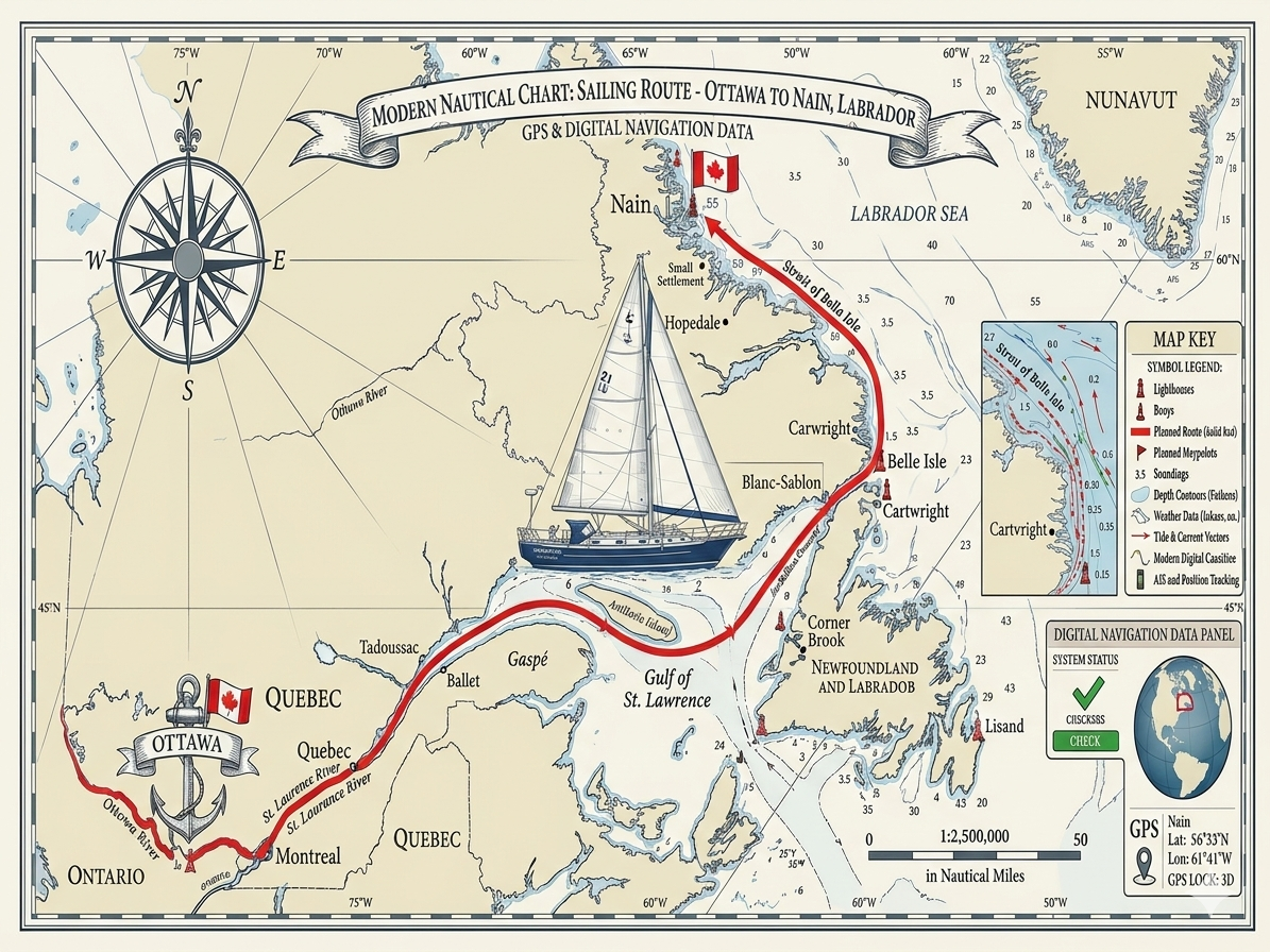 A nautical chart showing the sailing route from Ottawa to Nain, Labrador, including the St. Lawrence River, Gulf of St. Lawrence, and Labrador Sea. The route is marked in red with waypoints and landmarks labeled, along with a compass rose and a map key, GPS and digital navigation data panel, and a sailboat illustration.