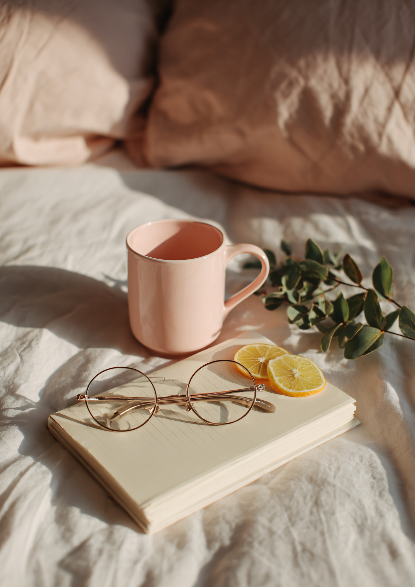 A pink mug, a pair of round glasses, lemon slices, a notebook, and a sprig of greenery on a white bedspread with sunlight streaming in.