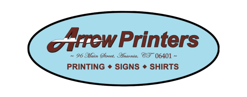 Logo of Arrow Printers with address 96 Main Street, Ansonia, CT 06401, offering printing, signs, and shirts.
