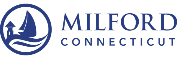 Milford Connecticut logo with a sailboat, house, and water in a circular design