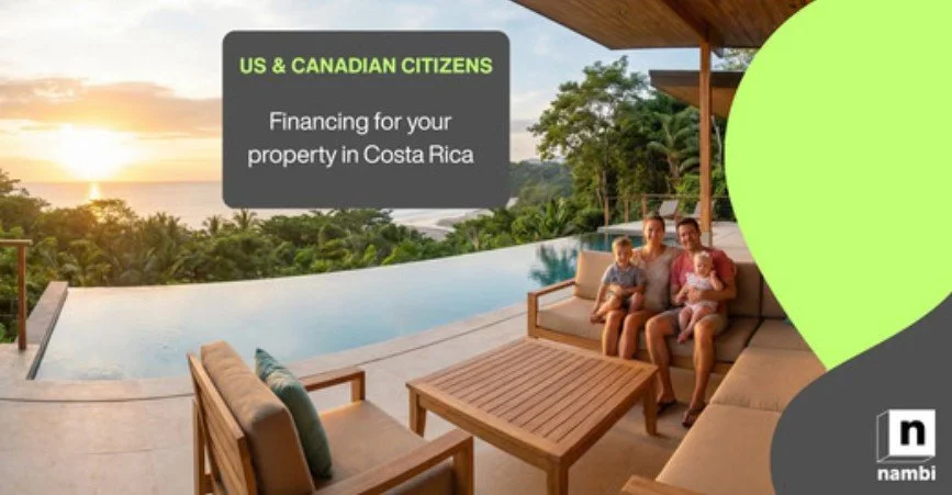 A family of four sitting on a patio sofa with a view of a sunset, pool, and lush greenery in Costa Rica, with a promotional overlay for US and Canadian citizens regarding property financing.
