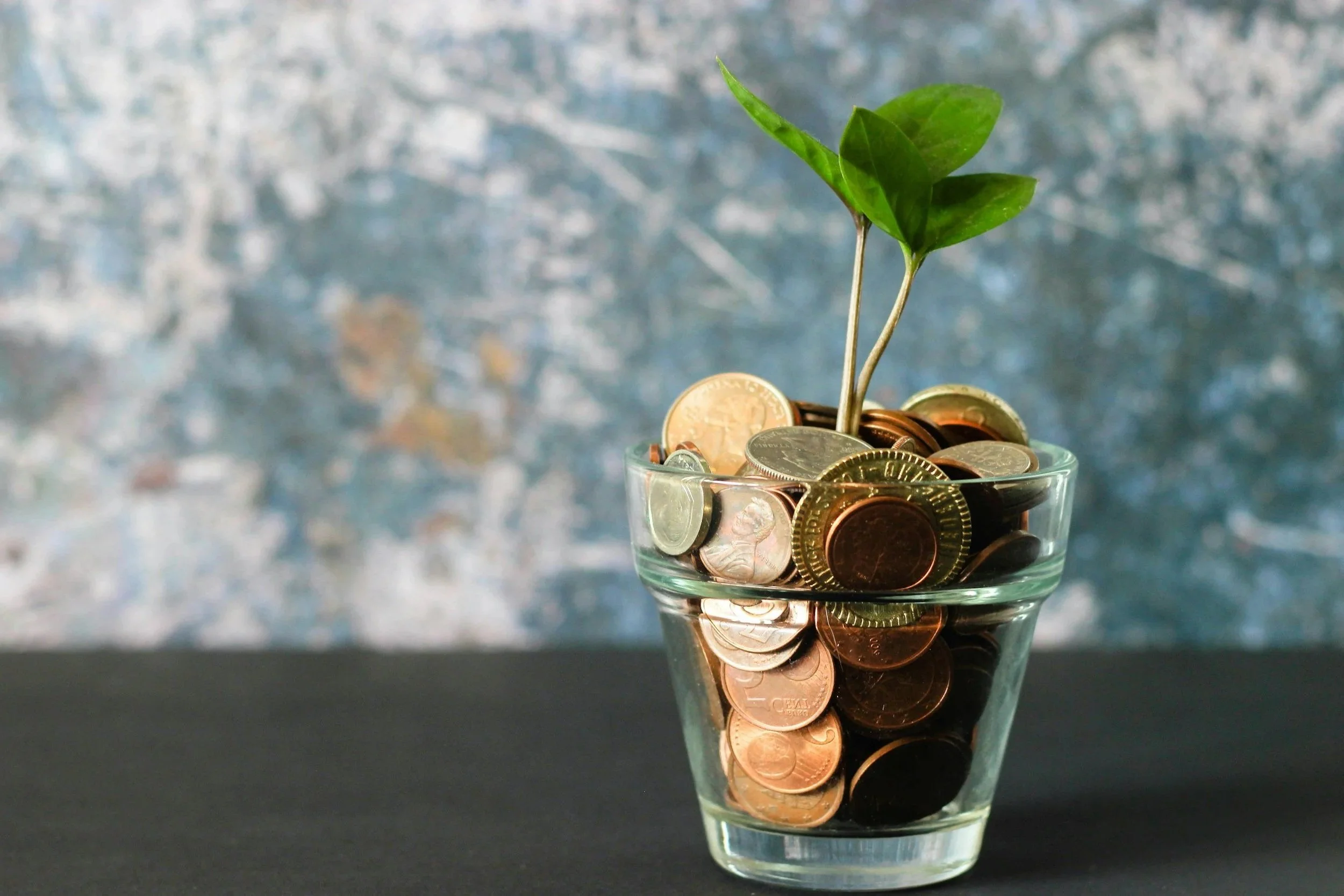 A clear glass cup filled with assorted coins, with a small green plant growing from the coins. The background is blurred with shades of blue and gray.