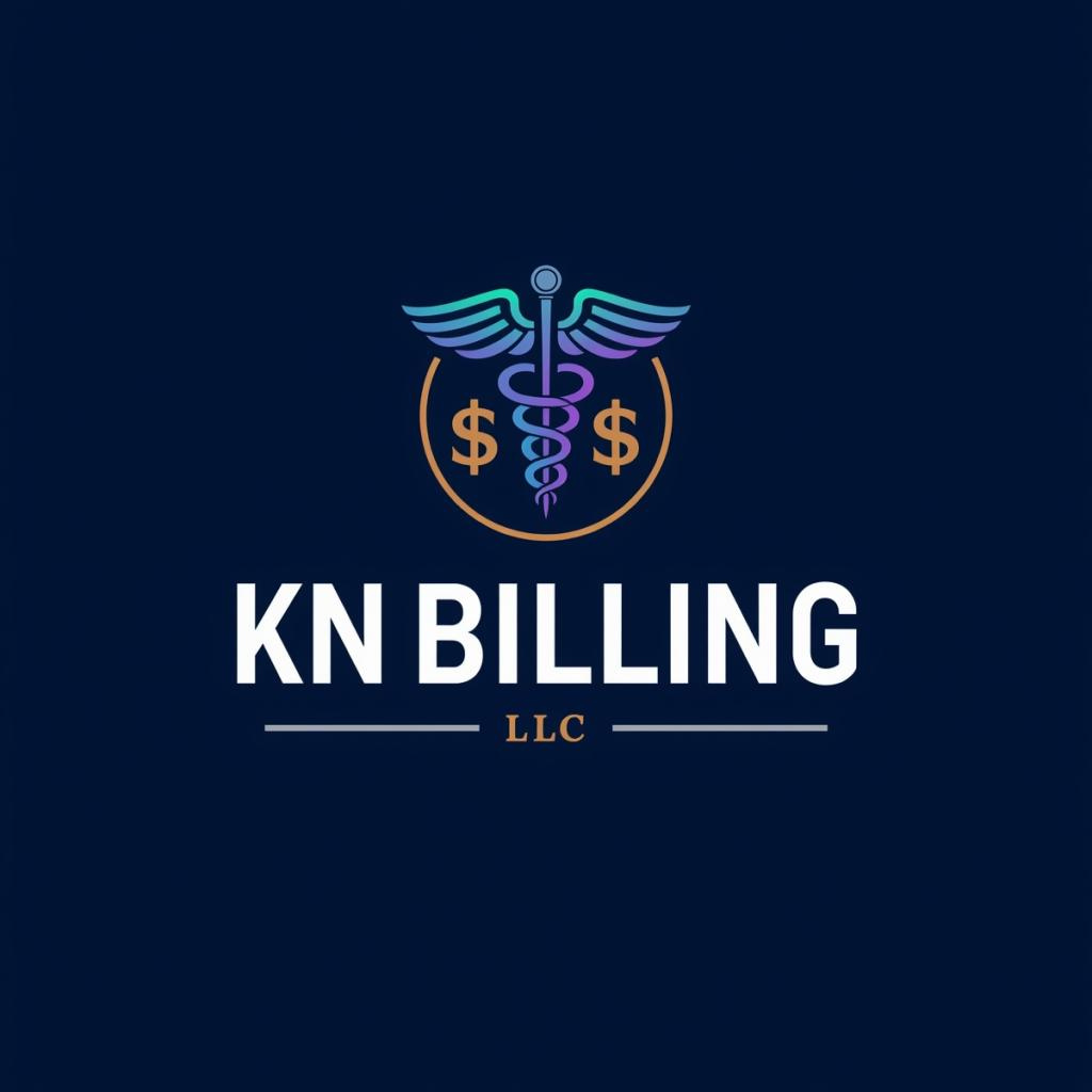Logo for KN Billing LLC featuring a caduceus with dollar signs and a dark blue background.