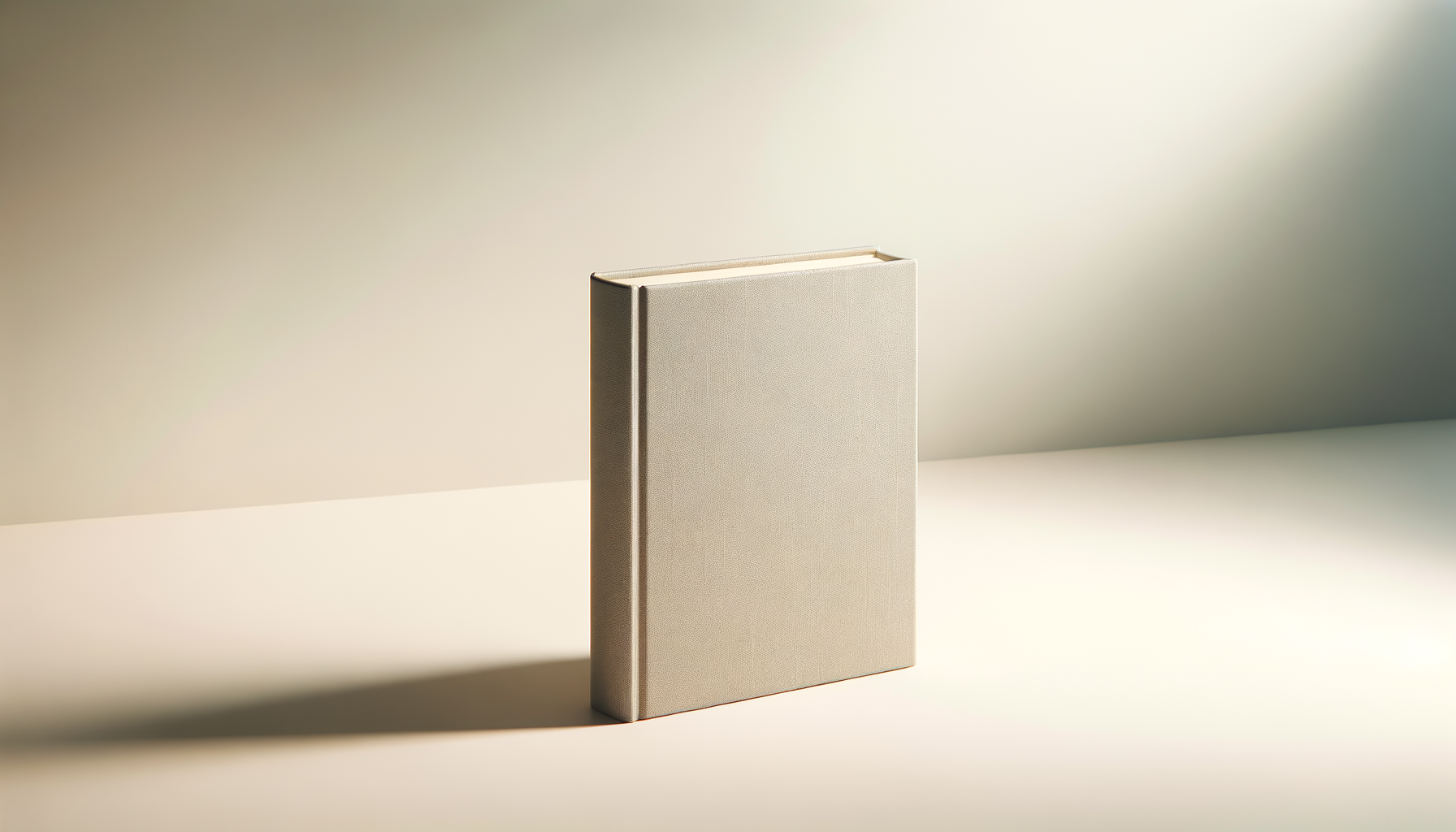 A closed beige hardcover book standing upright on a white surface, casting a shadow, with a plain light-colored background.