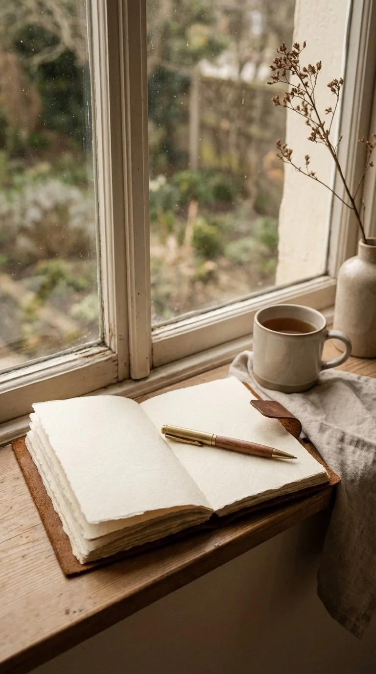 A cozy windowsill scene with an open blank notebook, a gold and pink pen, a cup of tea on a napkin, and a vase with dried flowers.