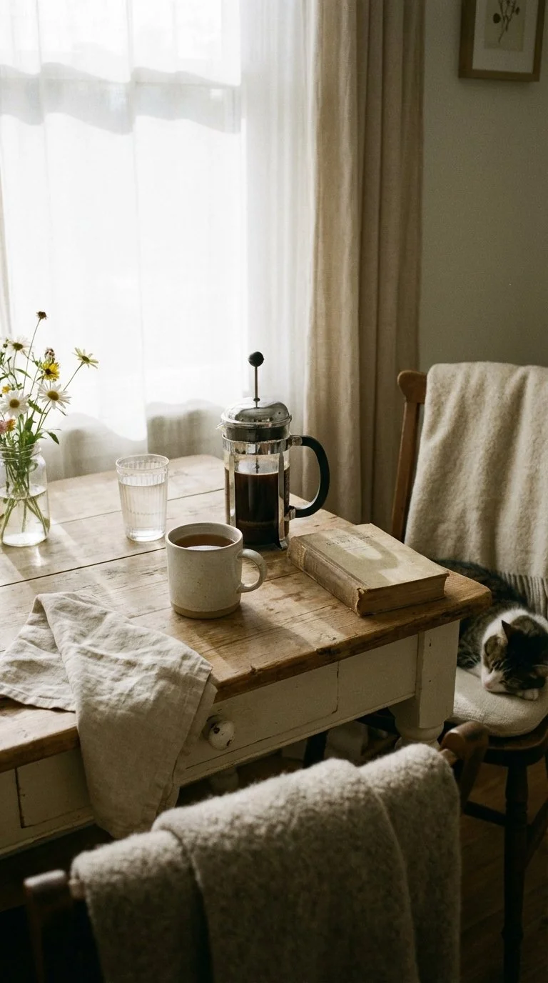 A rustic wooden dining table with a mug of coffee, a French press, a glass of water, and a book. There's a vase of daisies and chairs with blankets, one with a cat curled up on the seat, next to a window with white curtains and beige drapes.