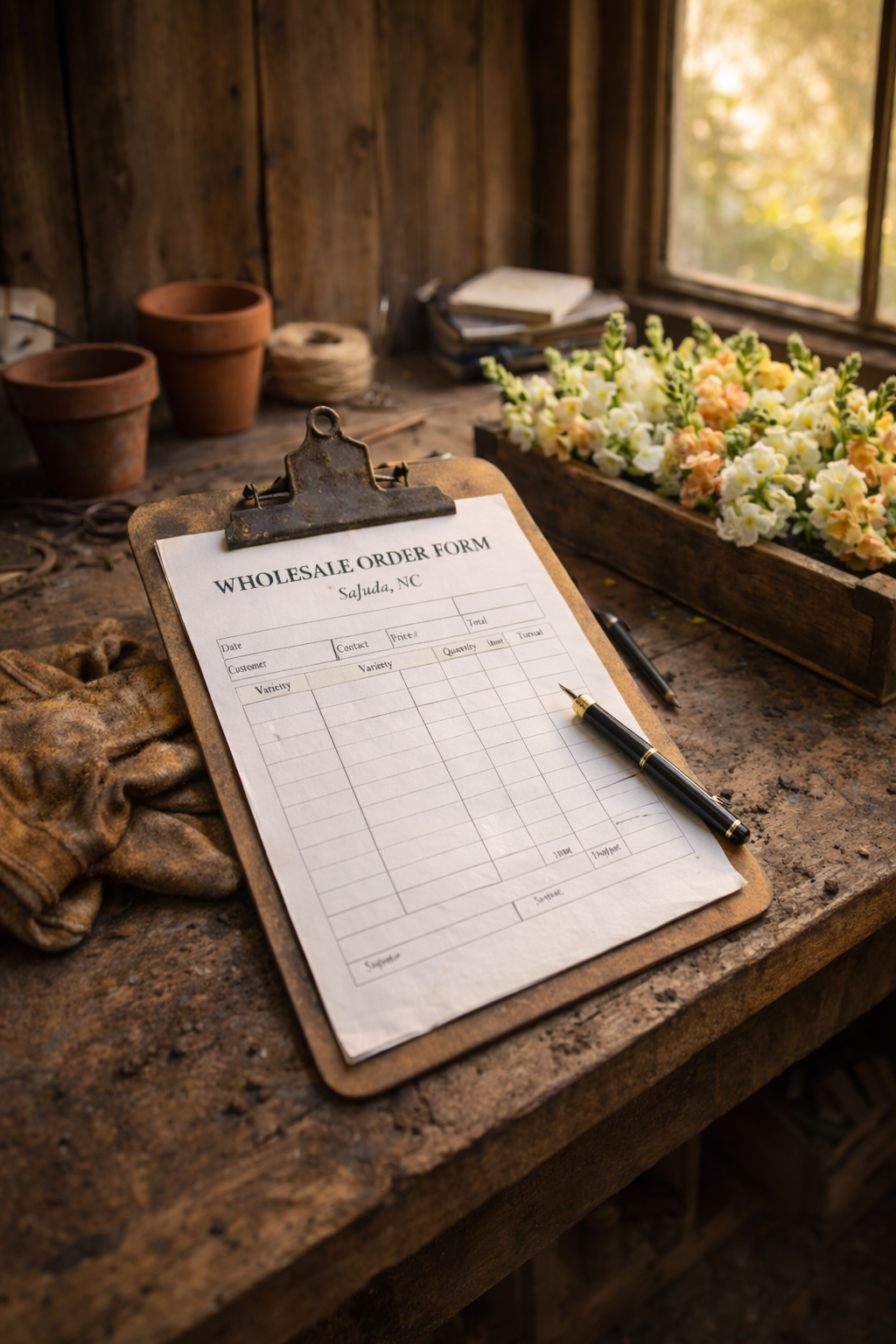 A wholesale order form on a clipboard with a pen, set on a rustic wooden table with gardening gloves, flower pots, and a wooden box of fresh flowers nearby, in a cozy, barn-like interior with sunlight coming through a window.