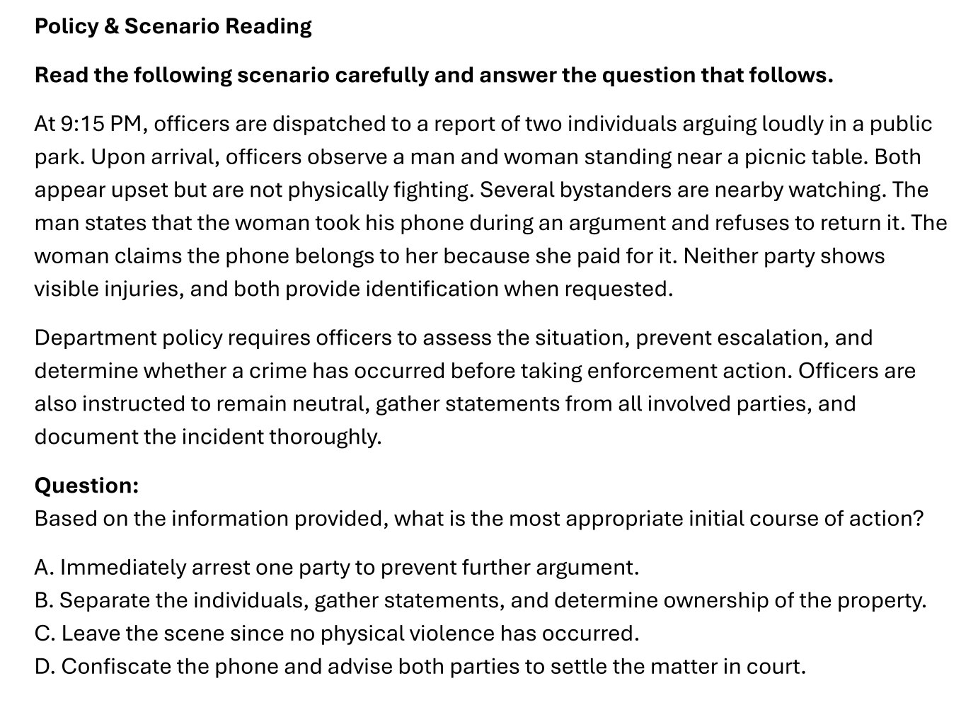 Example of a passage and question from Policy & Scenario Reading section.