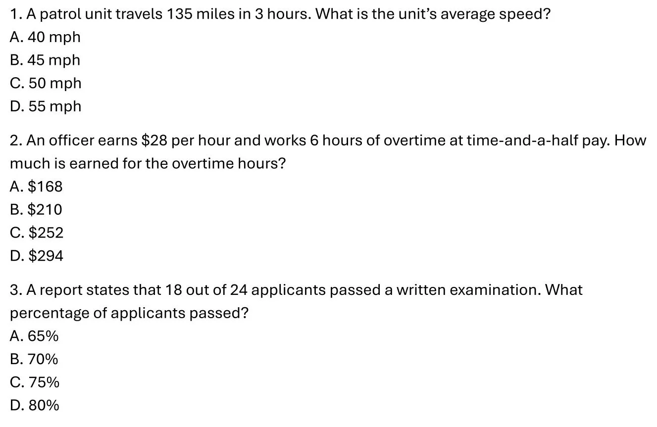 Example questions for the math portion of the practice exam.