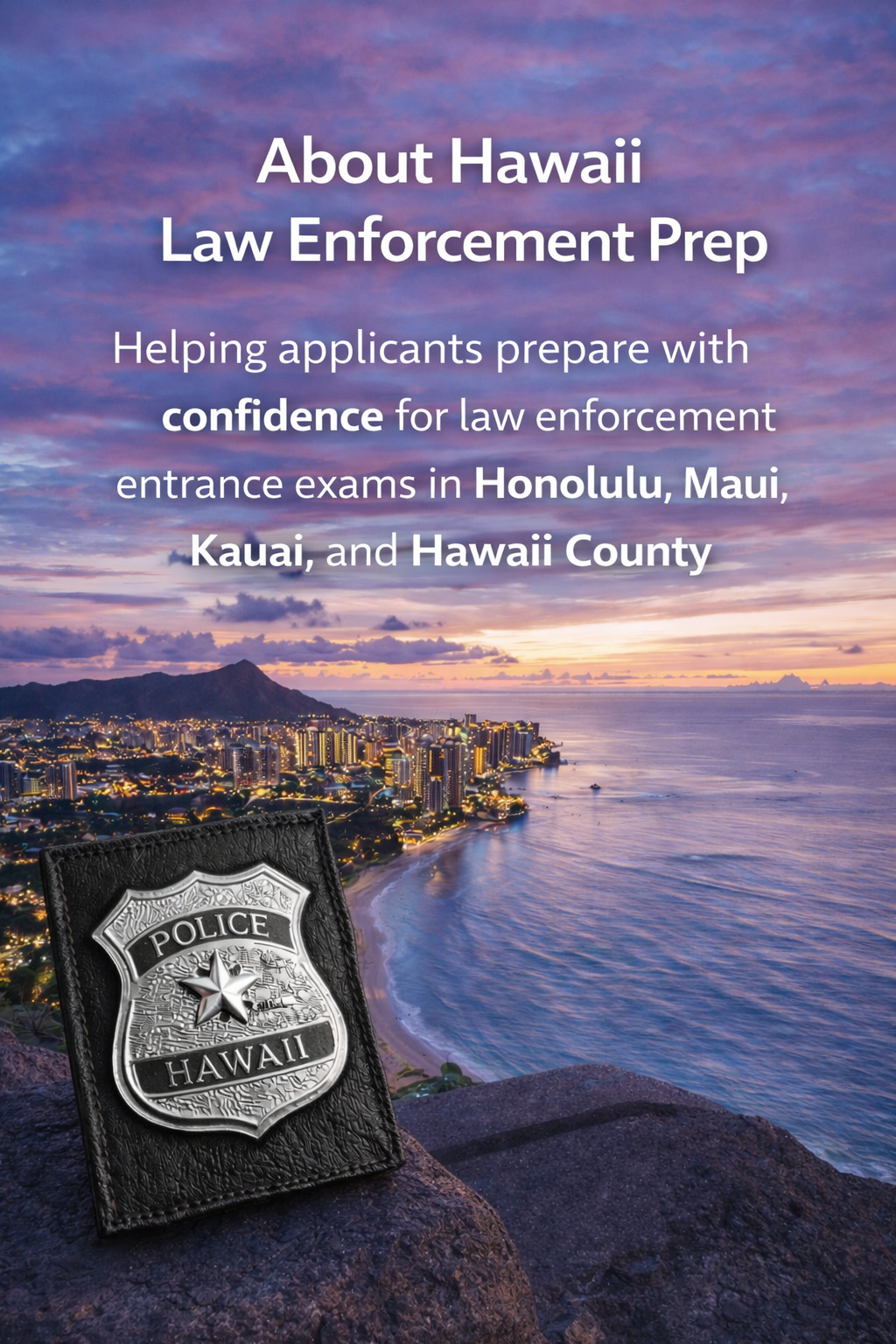 A sunset over a Hawaiian cityscape with a police badge in the foreground. The text overlay promotes Hawaii law enforcement exam preparation, mentioning Honolulu, Maui, Kauai, and Hawaii County.
