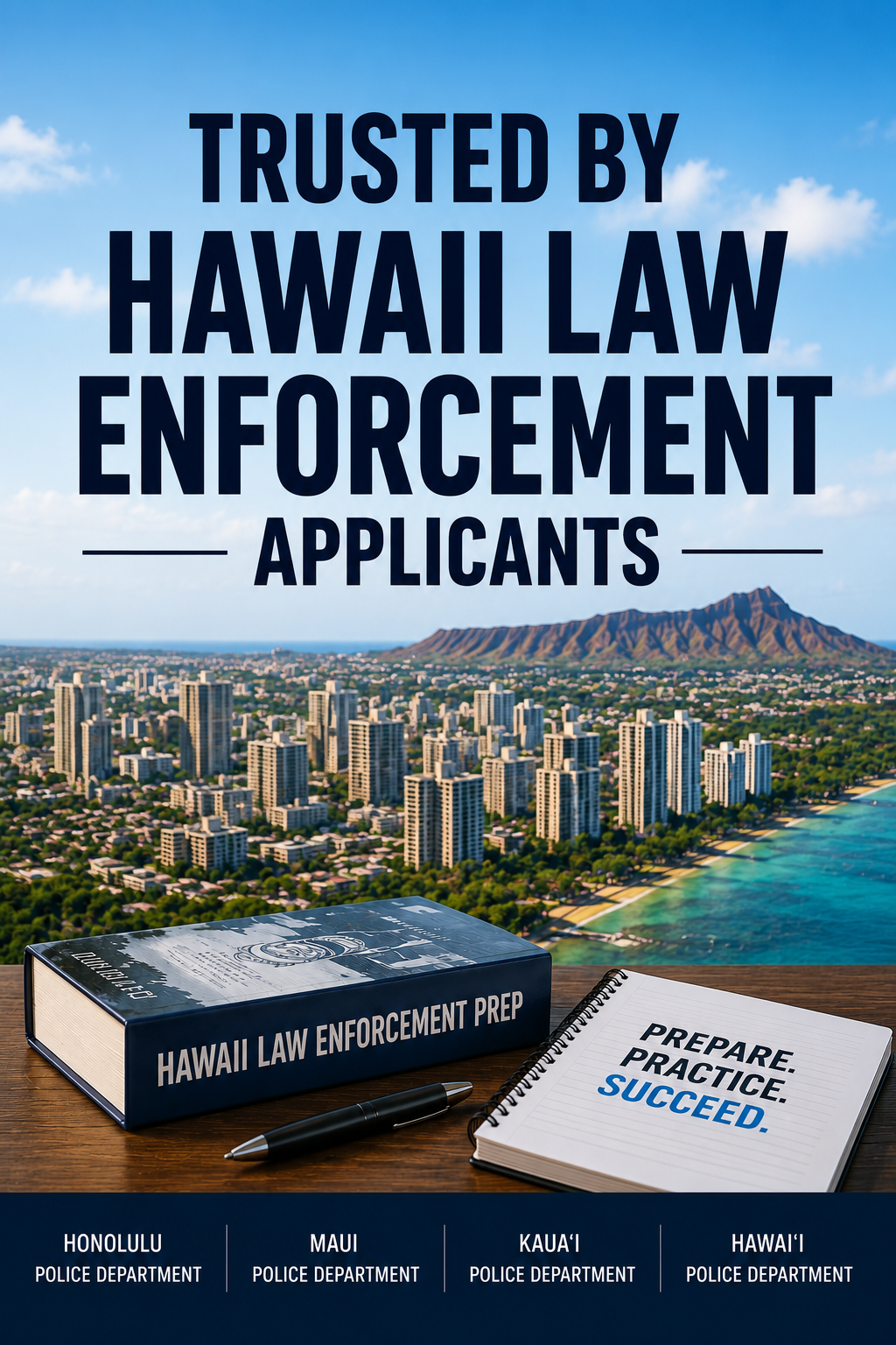 Trusted by Hawaii law enforcement applicants promotional image featuring Honolulu skyline, exam prep materials, and references to Honolulu, Maui, Kauaʻi, and Hawaiʻi Police Departments