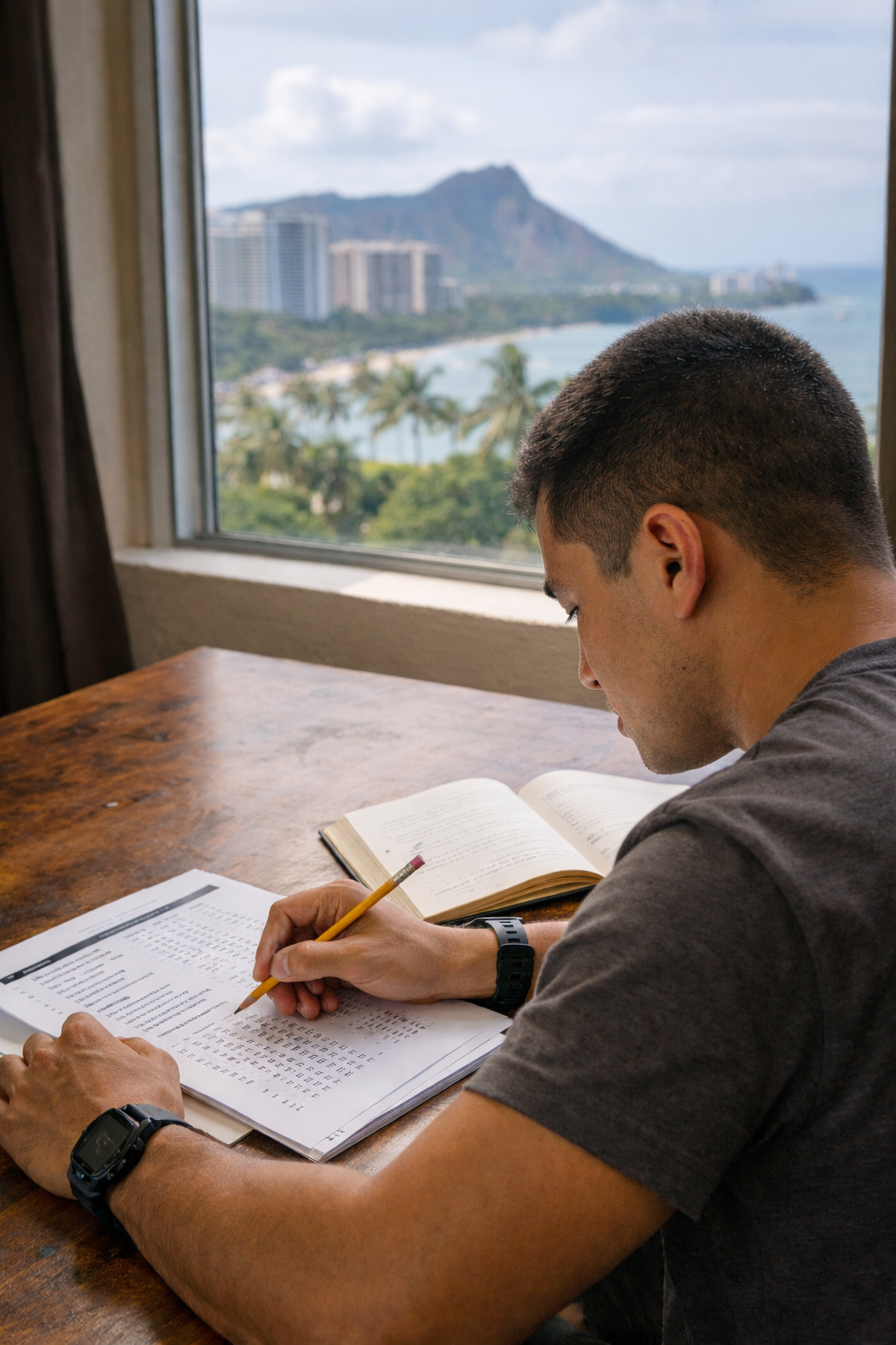 A man sitting at a wooden table reading and working on a worksheet with an open book nearby. He is wearing a gray t-shirt and a black watch. There is a large window behind him showing a scenic view of a mountain, high-rise buildings, and palm trees.