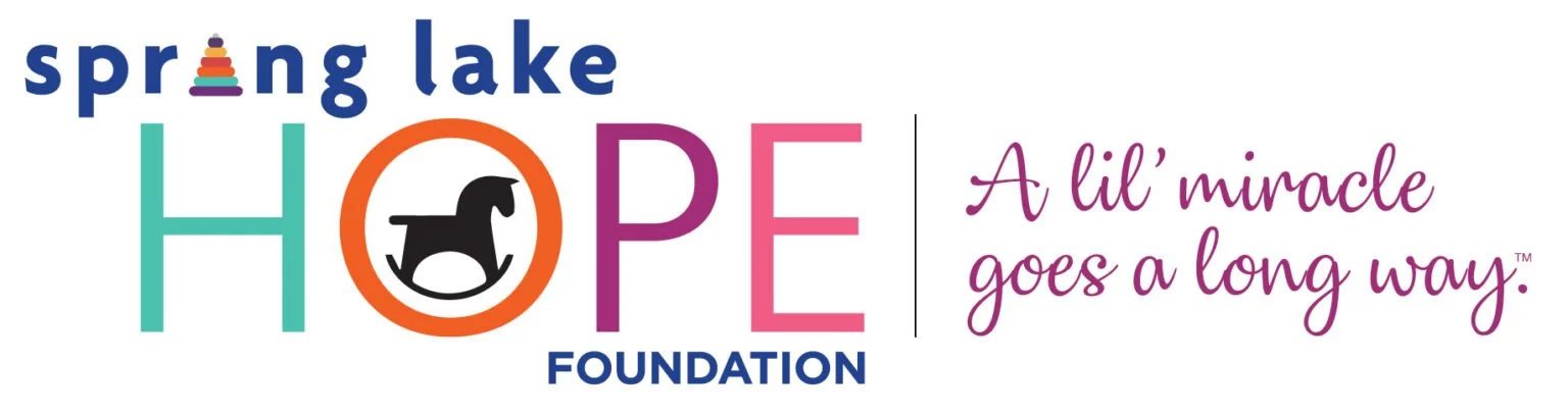 Logo for Spring Lake Hope Foundation featuring the word ''HOPE'' with a horse icon inside the 'O', and the phrase 'A lil' miracle goes a long way' in purple script.