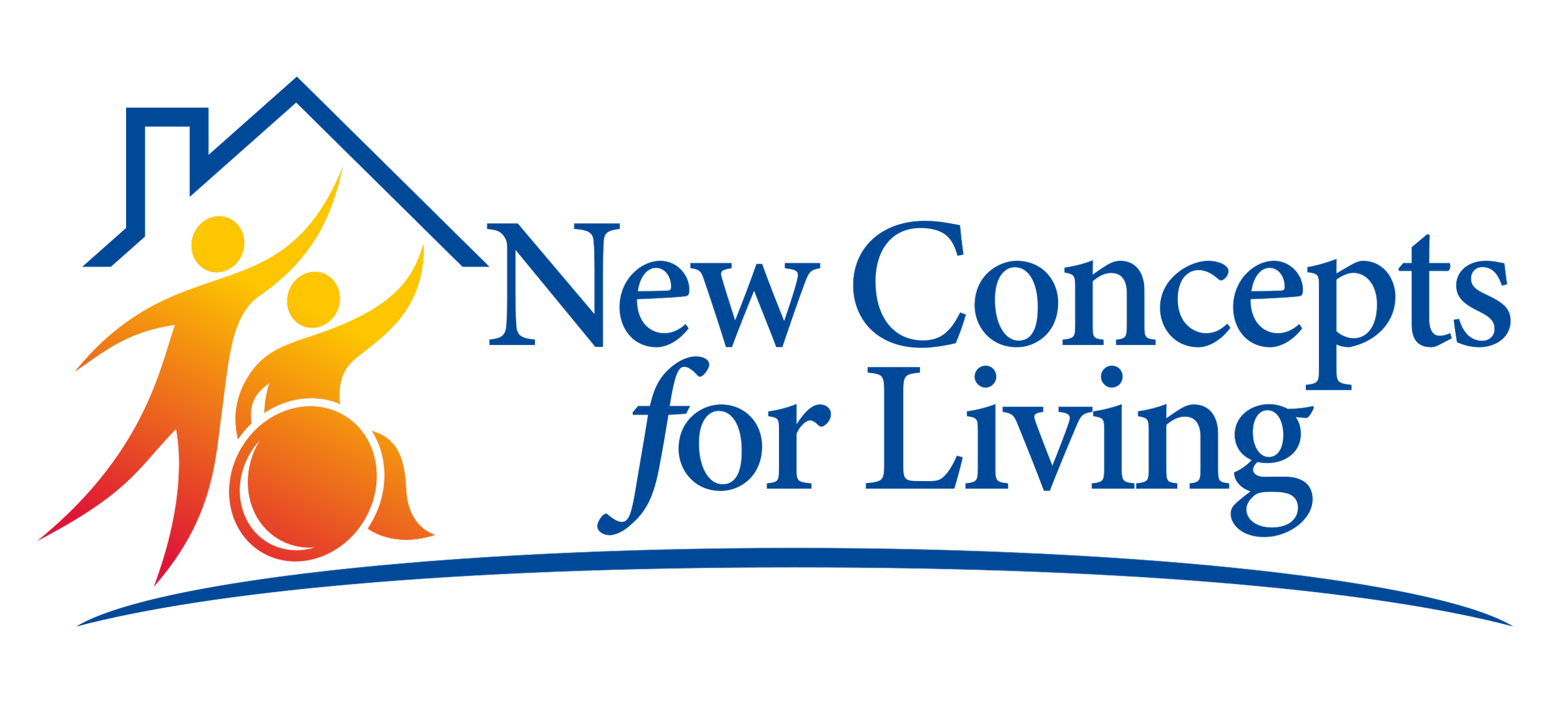 Logo for New Concepts for Living, featuring a house outline with three abstract figures raising their arms, with one figure in a wheelchair. The text reads 'New Concepts for Living' in blue.