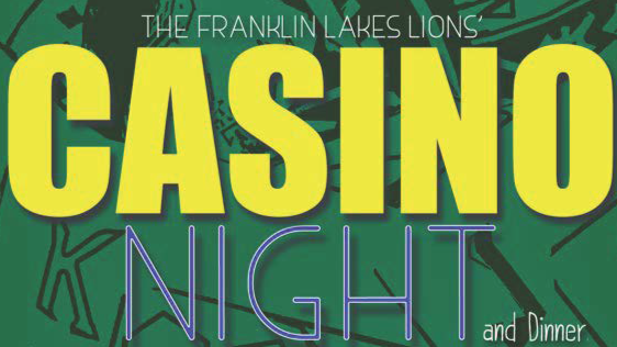 Event poster for the Franklin Lakes Lions Casino Night and Dinner with green background, large yellow and purple neon text, and a faint outline of a casino table.