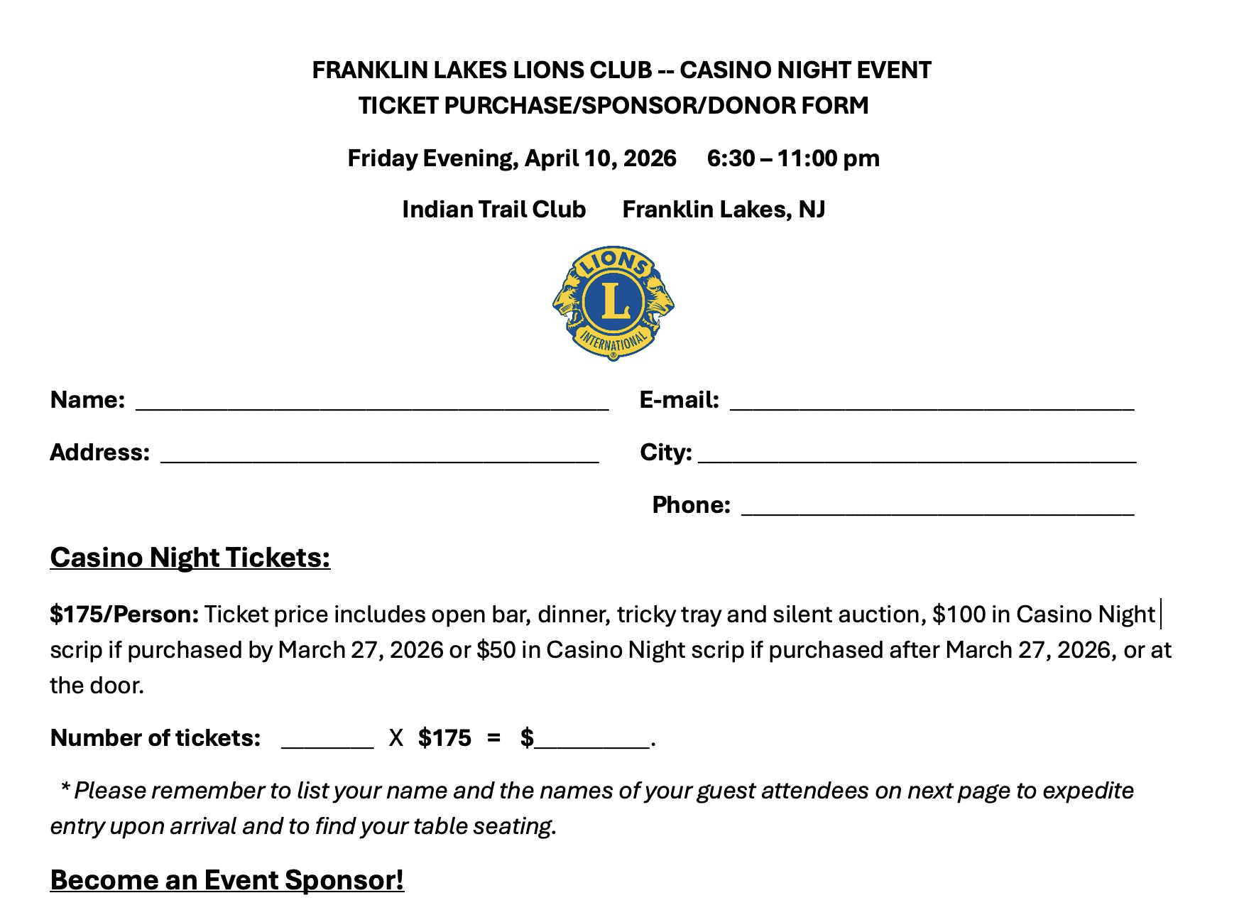 Ticket purchase form for Franklin Lakes Lions Club casino night event, featuring Lions International logo, event details, and fields for personal information and ticket purchase.