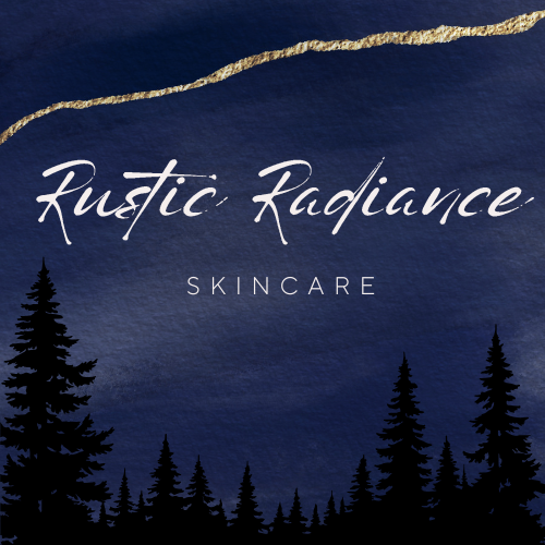 A dark blue sky with a gold streak, silhouette of pine trees, and text that reads "Rustic Radiance Skincare" in elegant font.
