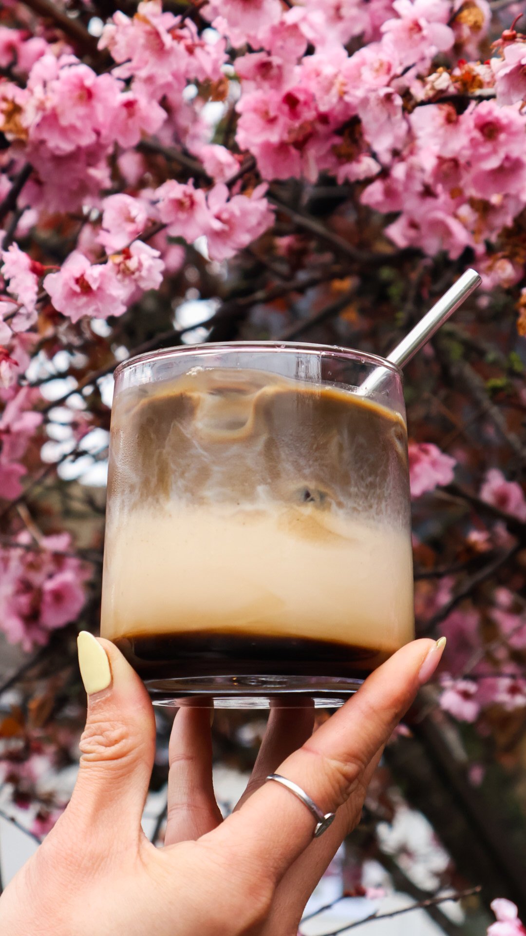 An iced drink held outside in front of pink blossoms on a tree.