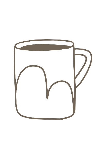 A drawing of a mug with a curved pattern on the side.