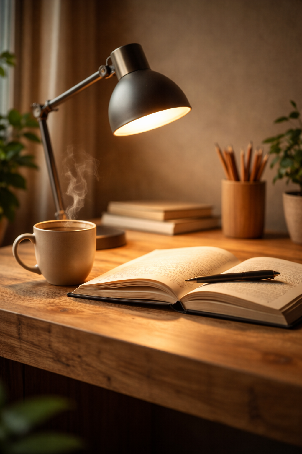 A cozy workspace with a wooden desk, an open book, a pen, a steaming coffee mug, a desk lamp, a stack of books, and potted plants.
