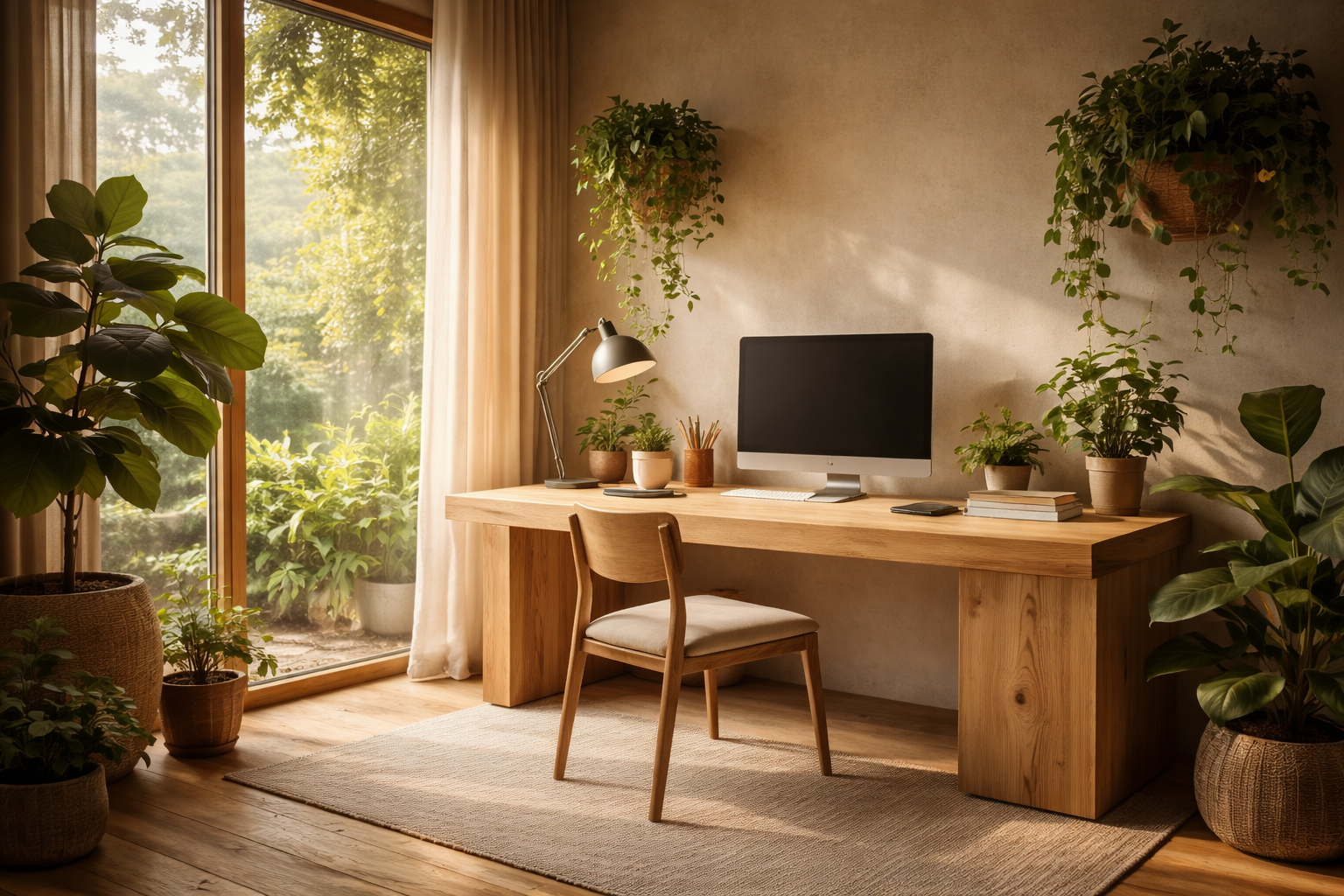 A home office with a wooden desk, a computer, a chair, a desk lamp, and several potted plants, illuminated by natural sunlight through glass sliding doors.