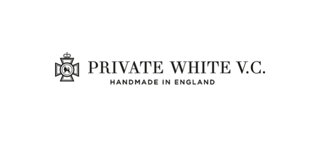 Private White V.C. clothing label with logo and text, handmade in England.