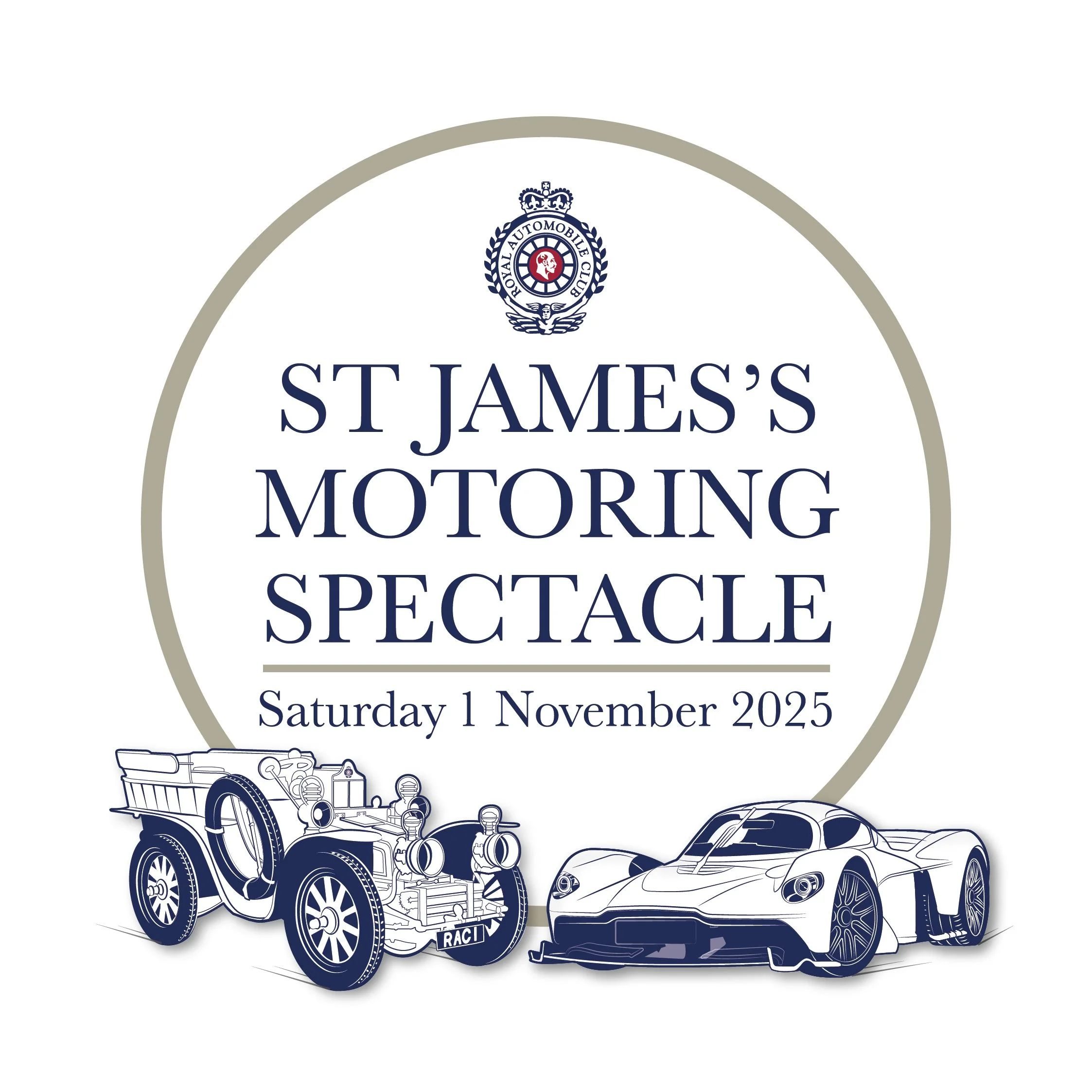 Poster for St. James's Motoring Spectacle on Saturday, November 1, 2025, featuring illustrations of an antique car and a modern racing car with a circular logo at the top.